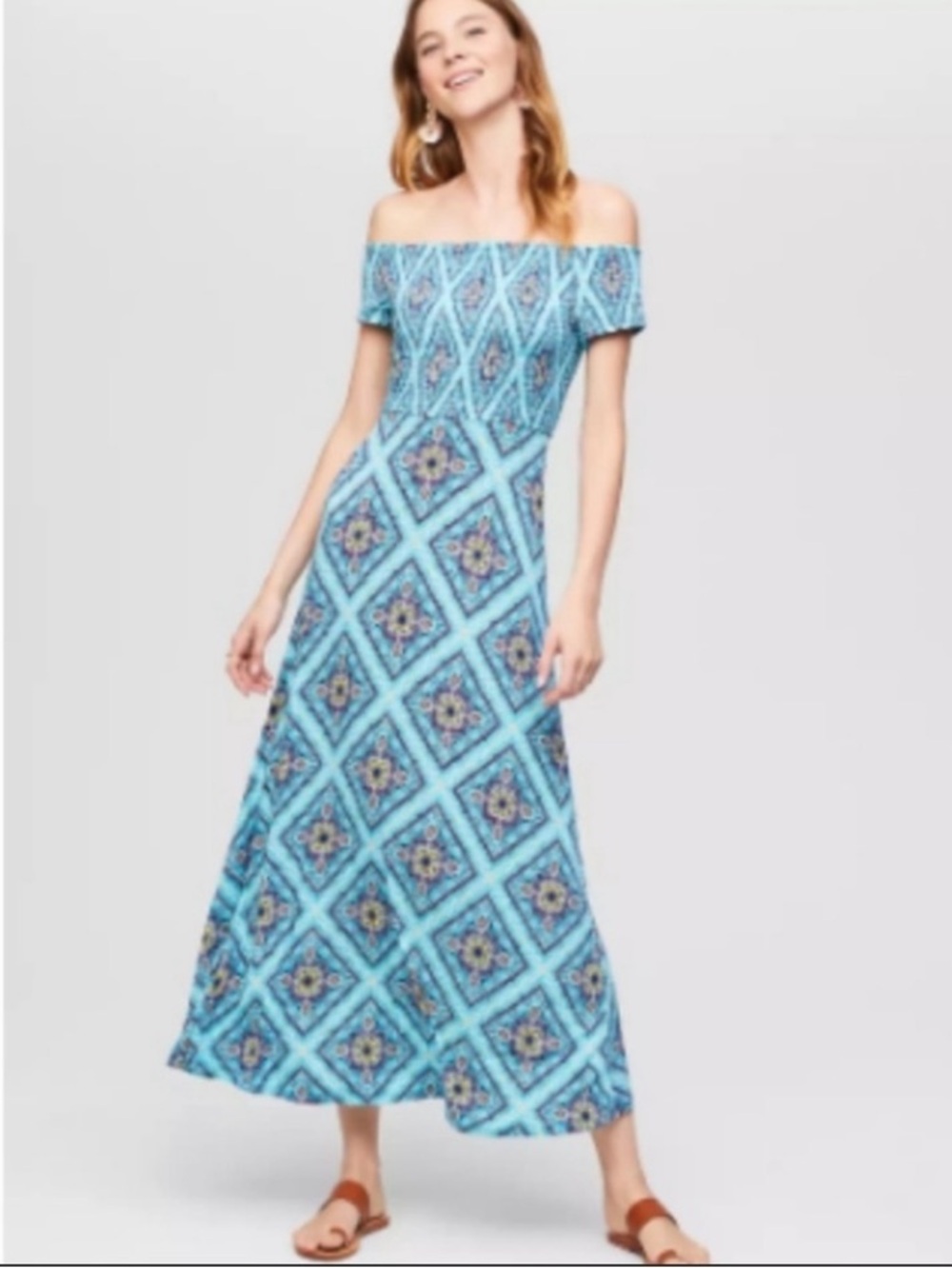 LOFT Beach Smocked Off-Shoulder drop cap sleeves Blue Patterned Maxi Dress